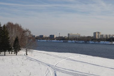 Güneşli bir günde nehir. Ağaçlar ve çalılar. Kış manzarası, nehir kıyıları çalılarla kaplı.