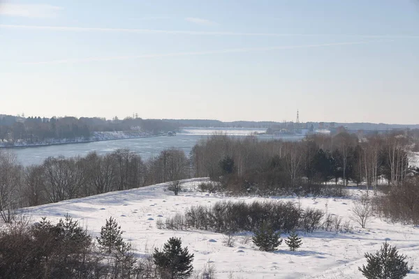 Güneşli bir günde nehir. Ağaçlar ve çalılar. Kış manzarası, nehir kıyıları çalılarla kaplı.