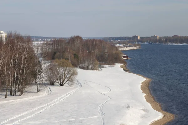 Güneşli bir günde nehir. Ağaçlar ve çalılar. Kış manzarası, nehir kıyıları çalılarla kaplı.