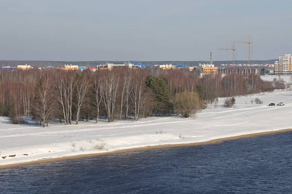 Güneşli bir günde nehir. Ağaçlar ve çalılar. Kış manzarası, nehir kıyıları çalılarla kaplı.