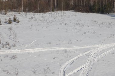 Issız kış manzarası. Saf beyaz kar üzerinde bir ayak izi yolu uzanıyor. Çalı dalları kardan sarkıyor. Kar manzarasında ayak izleri