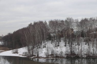 Baharın başında karlı sakin göl manzarası. Ağaçlarla kaplı bir yamaç.