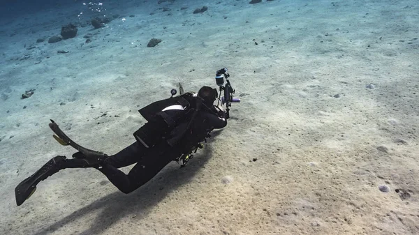 Profesyonel dalgıç, sualtı görüntü yönetmeni Curacao çevresindeki Karayip Denizi 'nin mercan resifinde çekim yapıyor.