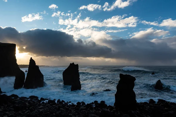 Ocean Scenery Strong Waves While Sunset Raw Coast Rekjanes Peninsula — Stock Photo, Image