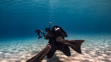 Profesyonel dalgıç, sualtı görüntü yönetmeni Curacao çevresindeki Karayip Denizi mercan resifinde.