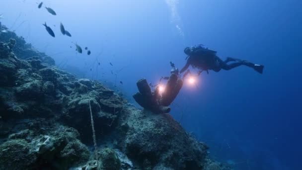 Plongeur Professionnel Cinéaste Sous Marin Filmant Dans Récif Corallien Mer — Video