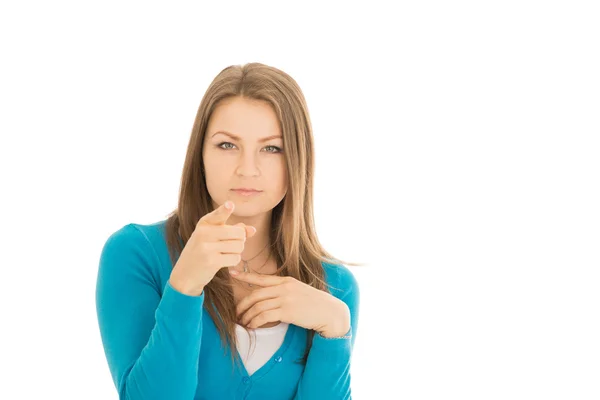 Mujer joven señala un dedo — Foto de Stock