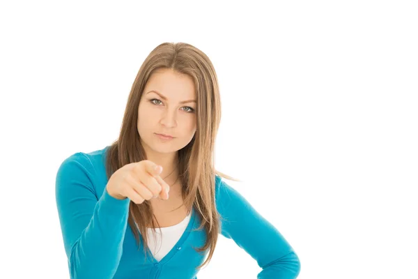 Young woman points a finger — Stock Photo, Image