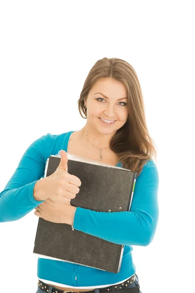 Schöne Studentin zeigt Daumen hoch — Stockfoto