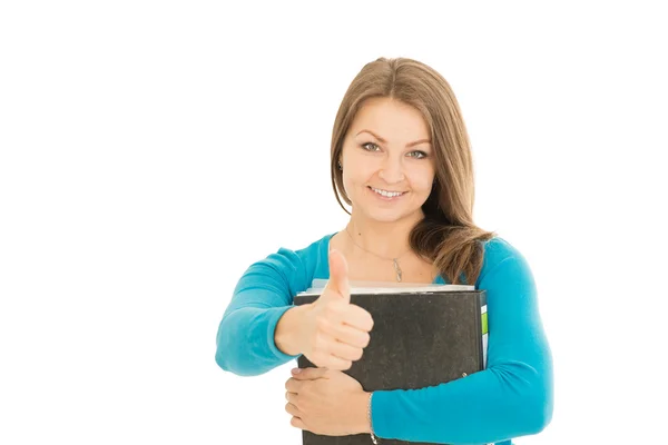 Beautiful student shows thumb up — Stock Photo, Image