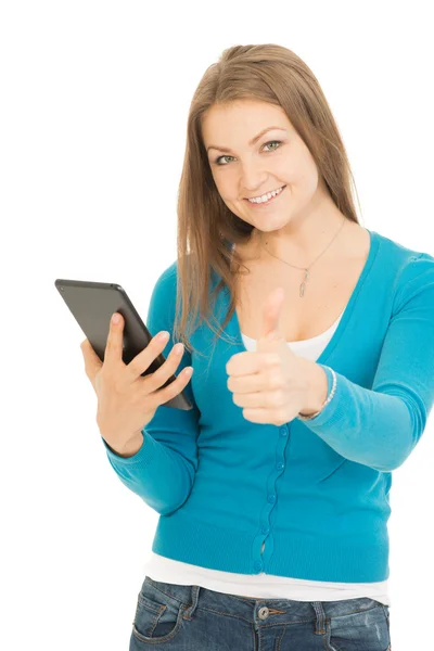 Woman shows thumb up — Stock Photo, Image