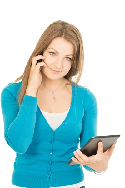 Beautiful woman with tablet and cellphone — Stock Photo, Image