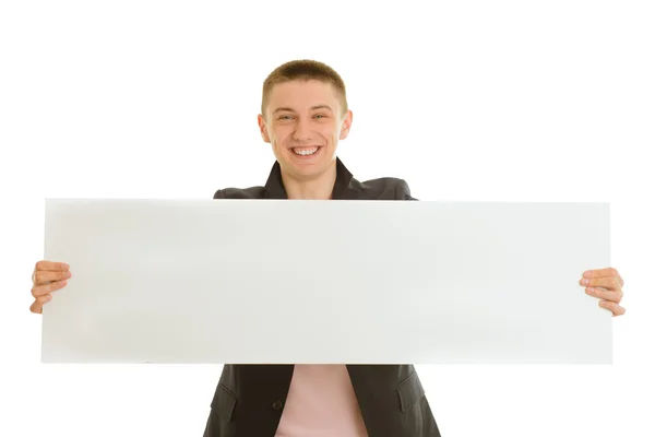 Businessman holding blank banner — Stock Photo, Image