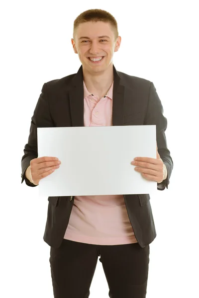 Бізнесмен тримає порожній банер — стокове фото