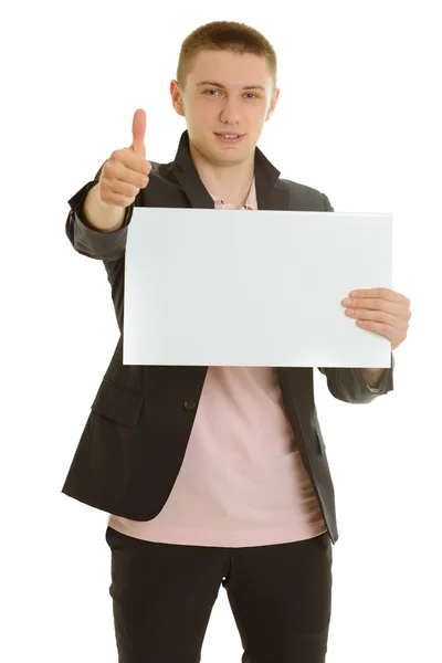 Businessman holding blank banner — Stock Photo, Image