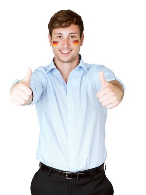 başparmak futbol fan yüzü boyalı Almanya bayrağı ile ortaya