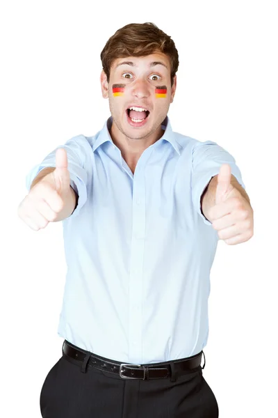 Footbal fan with germany flag painted at the face shows thumb up — Stock Photo, Image