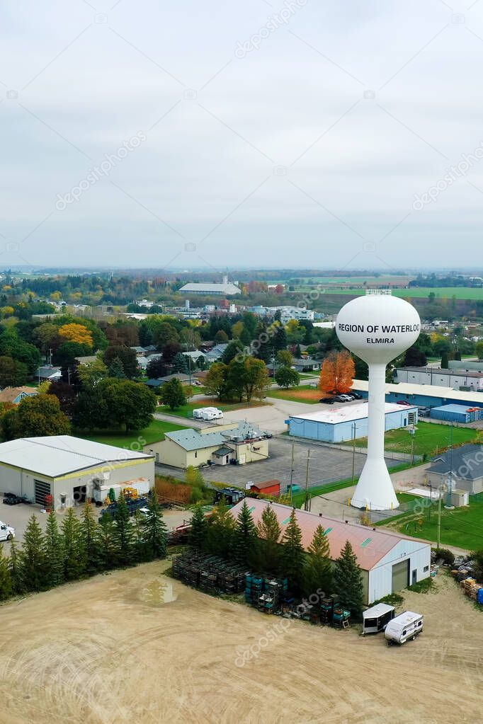 An aerial vertical of Elmira, Ontario, Canada of the water tower