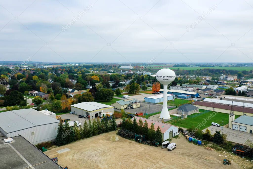 An aerial of Elmira, Ontario, Canada of the water tower