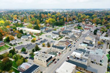 An aerial of Fergus, Ontario, Canada in fall