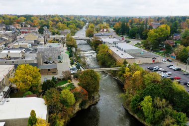 An aerial scene of Fergus, Ontario, Canada by the Grand River