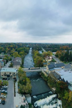 An aerial vertical view of Fergus, Ontario, Canada by the Grand River