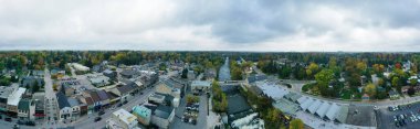 An aerial panorama view of Fergus, Ontario, Canada by the Grand River