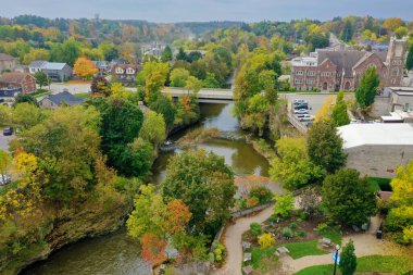 An aerial view of Fergus, Ontario, Canada by the Grand River
