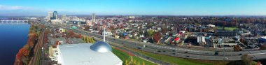 An aerial panorama view of Springfield, Massachusetts, United States in early morning