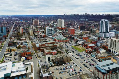 An aerial scene of Hamilton, Ontario, Canada downtown in late fall