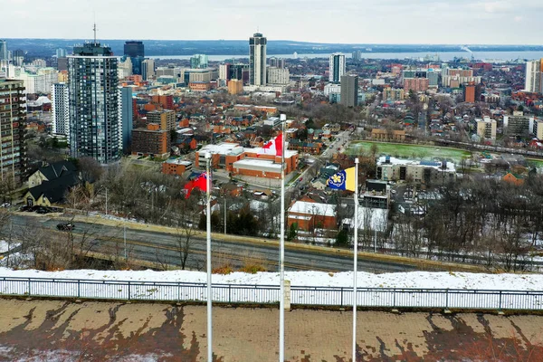 Aerial Hamilton Ontario Canada Downtown Flags Foreground — 스톡 사진