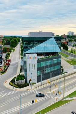 Kitchener, Ontario, Canada- July 25, 2021: An aerial vertical of the Google Reseach and Development building in Kitchener, Canada clipart