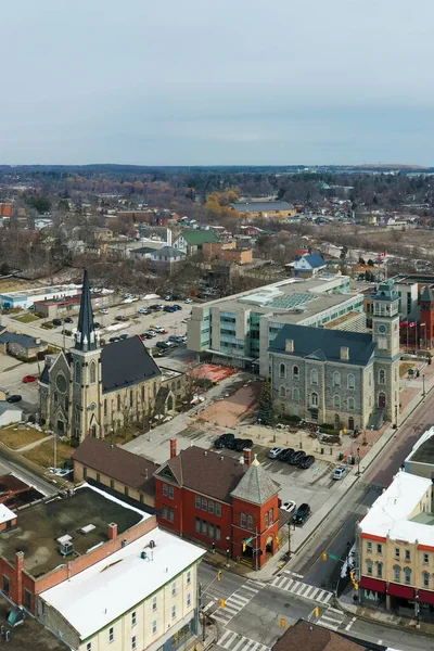 An aerial vertical view of Cambridge, Ontario, Canada in winter