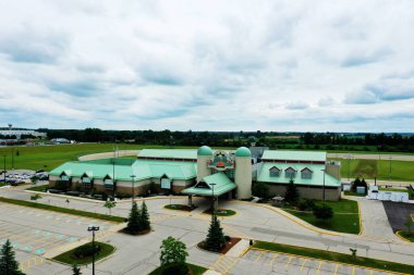 Elora, Ontario, Canada- July 28, 2021: An aerial of the Grand River Casino in Elora, Ontario, Canada