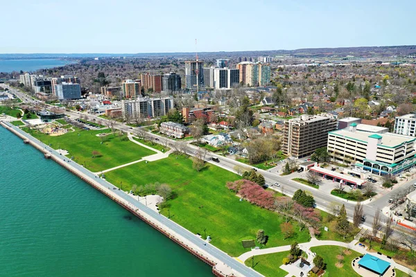 An aerial of Burlington in Ontario, Canada by the lake