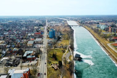 An aerial of Welland, Ontario, Canada by the Canal