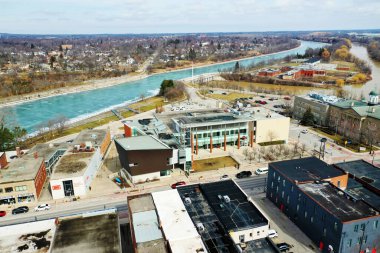 Welland, Ontario, Canada- March 4, 2022: An aerial of the City Hall in Welland, Ontario, Canada