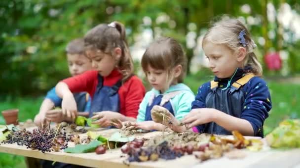 Forest Kindergarten Happy Preschool School Group Children Play Sculpt Clay — Stock Video