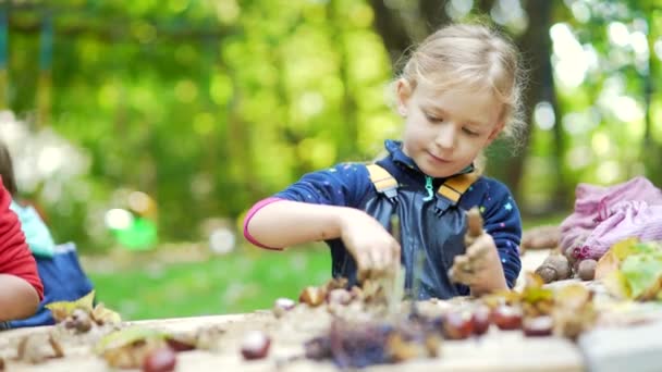 Waldkindergarten Fröhliche Vorschul Oder Schulkinder Spielen Sumpf Park Oder Wald — Stockvideo