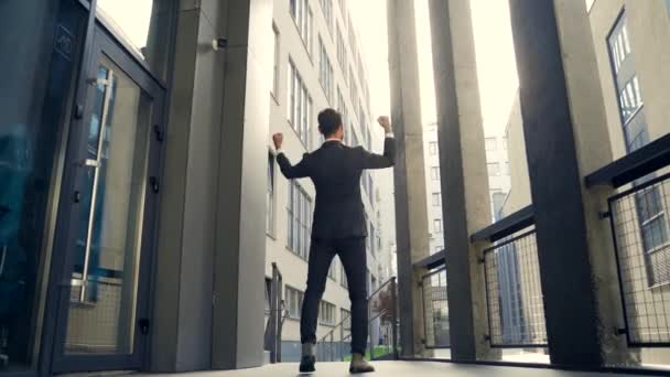 사업가가 승리를 자축하고 있습니다 직업의 현대식 사무실 뒤에서 일하는 실루엣 — 비디오
