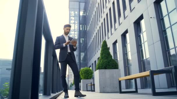 Stylish Bearded Businessman Formal Business Suit Standing Working Tablet Hands — Stock Video