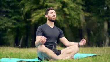 Sağlıklı yakışıklı beyaz sakallı adam parkta meditasyon yapıyor, lotus pozu veriyor yoga minderi yapıyor, zen. Doğada rahatlar. Sağlıklı yaşam tarzını kavra, rahatla, sakinleş, meditasyon