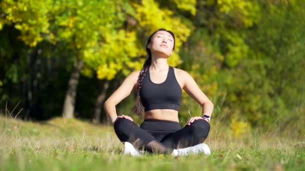 Young Beautiful Sports Girl Asian Woman Meditating Park Sitting Lotus — Stock Video