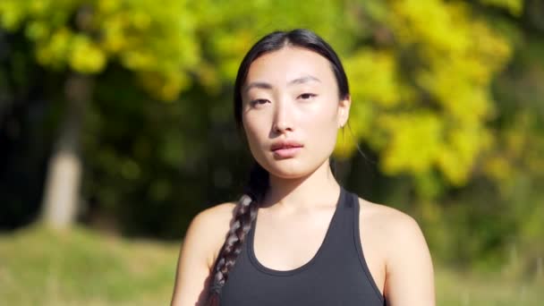 Portrait Confident Asian Athlete Standing Background City Park Forest Trees — Stock Video