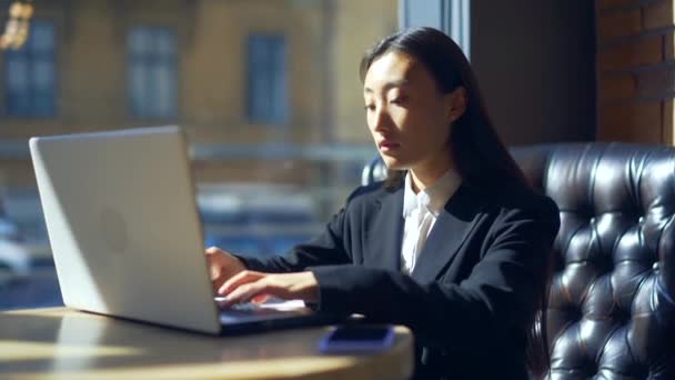 Young Female Freelancer Student Working Online Studying Remotely Cafe Asian — Stock Video