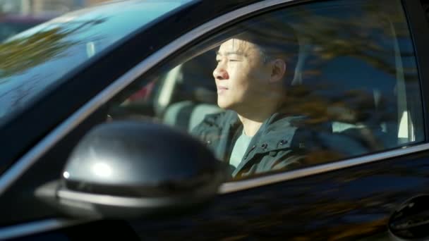 Furieux Homme Asiatique Colère Debout Dans Embouteillage Bips Dépêche Assis — Video