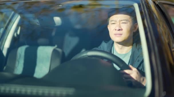 Furious Angry Asian Man Standing Traffic Jam Beeps Hurries Sitting — Stock Video