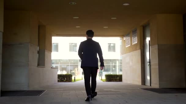 Silhouette Homme Affaires Asiatique Vue Arrière Descend Couloir Dans Arche — Video