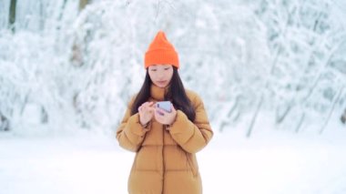 Genç Asyalı bir kadın, parkta bir randevuda, bekliyor, kışın karlı bir günde, online olarak cep telefonunu kullanıyor. Güzellik kızının portresi akıllı telefon kullanarak mesajlaşıyor, kaydırıyor, sohbet ediyor. Açık havada. Soğuk havada