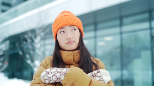Portrait Sad Unhappy Disappointed Cute Asian Girl Stands Alone City — Stock Video